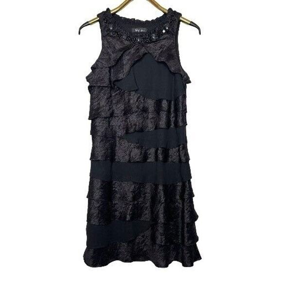 SL Fashions Size 14 Black Retro Flapper Style Beaded Black Ruffle Tiered Dress - Picture 1 of 8